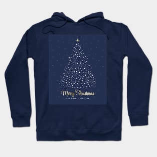 Merry Christmas and a Happy New Year. Minimalistic Christmas tree illustration. High quality Christmas blue white and gold starry illustration in minimalist style. Hoodie